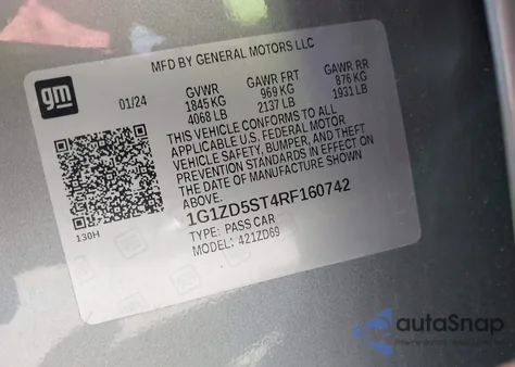 2024 Chevrolet Malibu Fwd 1Lt z USA, uszkodzony, nr VIN 1G1ZD5ST4RF160742